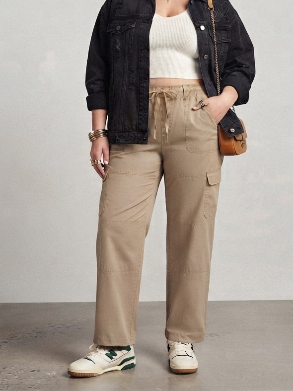 Liz Claiborne Tan Cargo Pants Drawstring Waist Utility Wide Leg Trousers